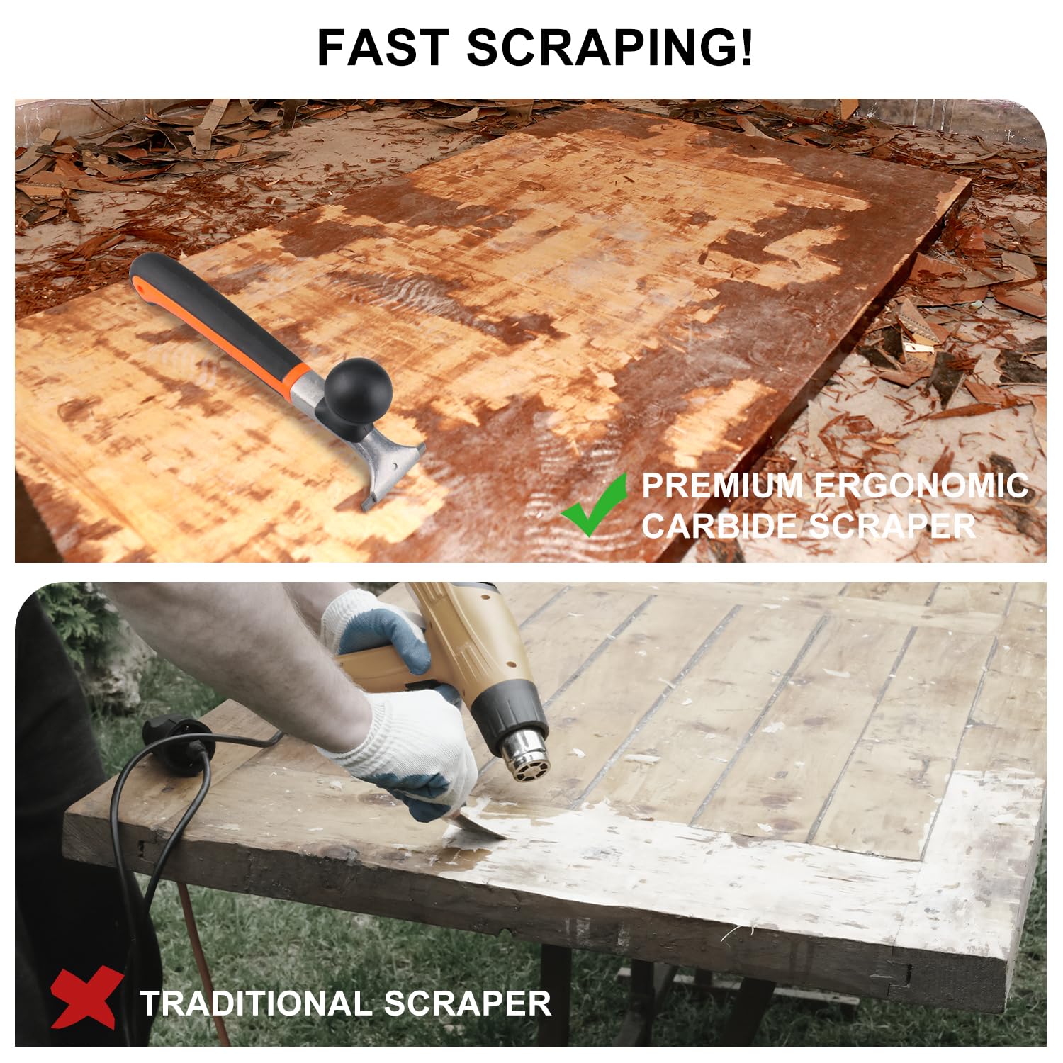 Holdly scraper in use removing paint from wood, demonstrating fast coating removal