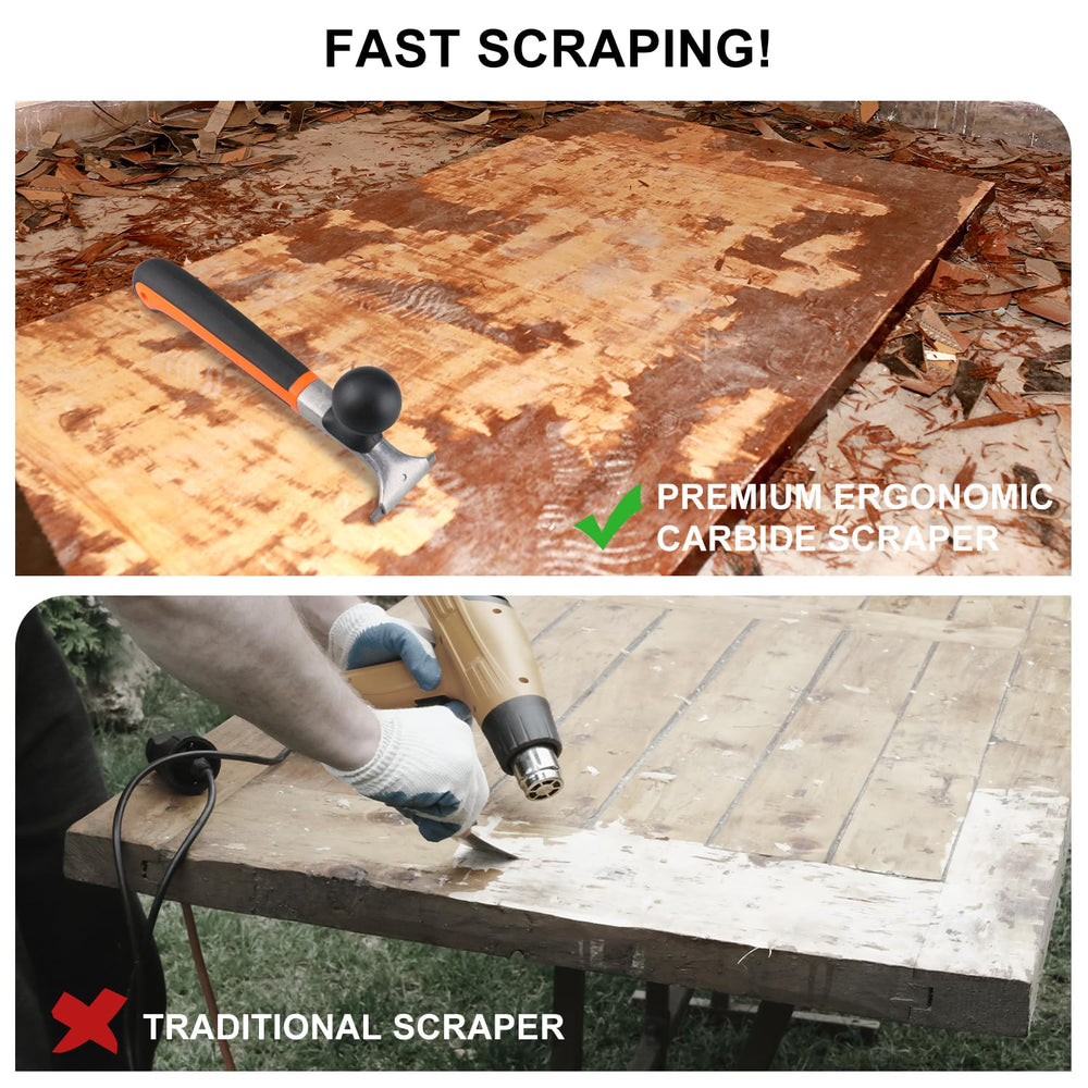 Holdly scraper in use removing paint from wood, demonstrating fast coating removal