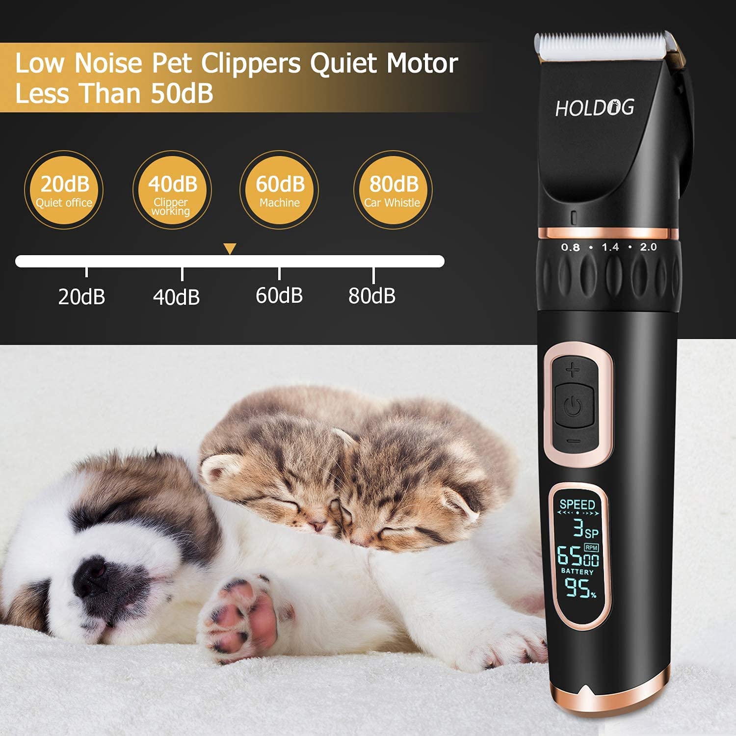 HOLDOG clipper with full comb set laid out for adjustable length options