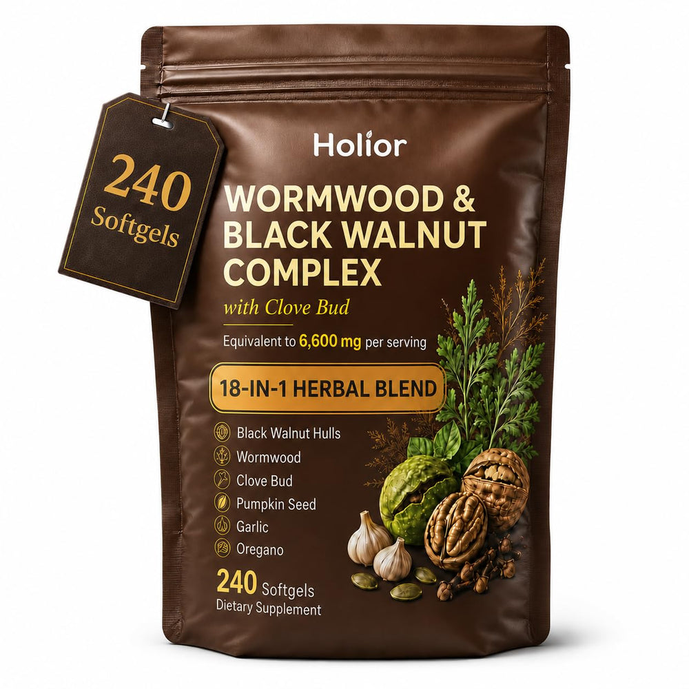 HOLIOR front pouch shot showing full 240 softgels and product branding for easy identification and storage