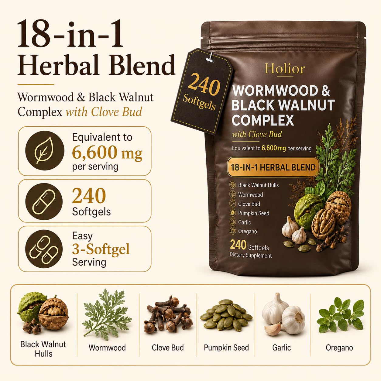 HOLIOR label detail showing the list of 18 botanicals and clear ingredient transparency on pouch