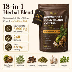 HOLIOR label detail showing the list of 18 botanicals and clear ingredient transparency on pouch
