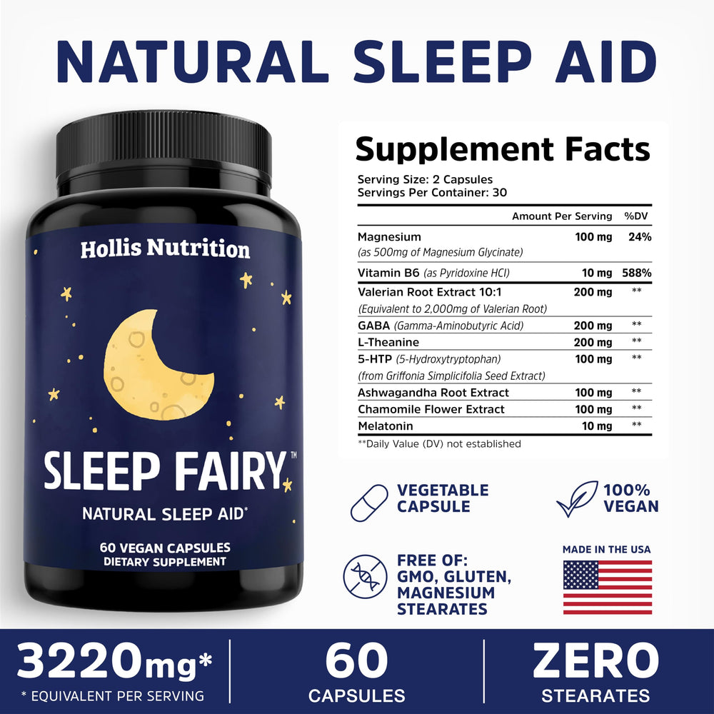 Hollis Nutrition Sleep Fairy label close-up listing melatonin and magnesium ingredients