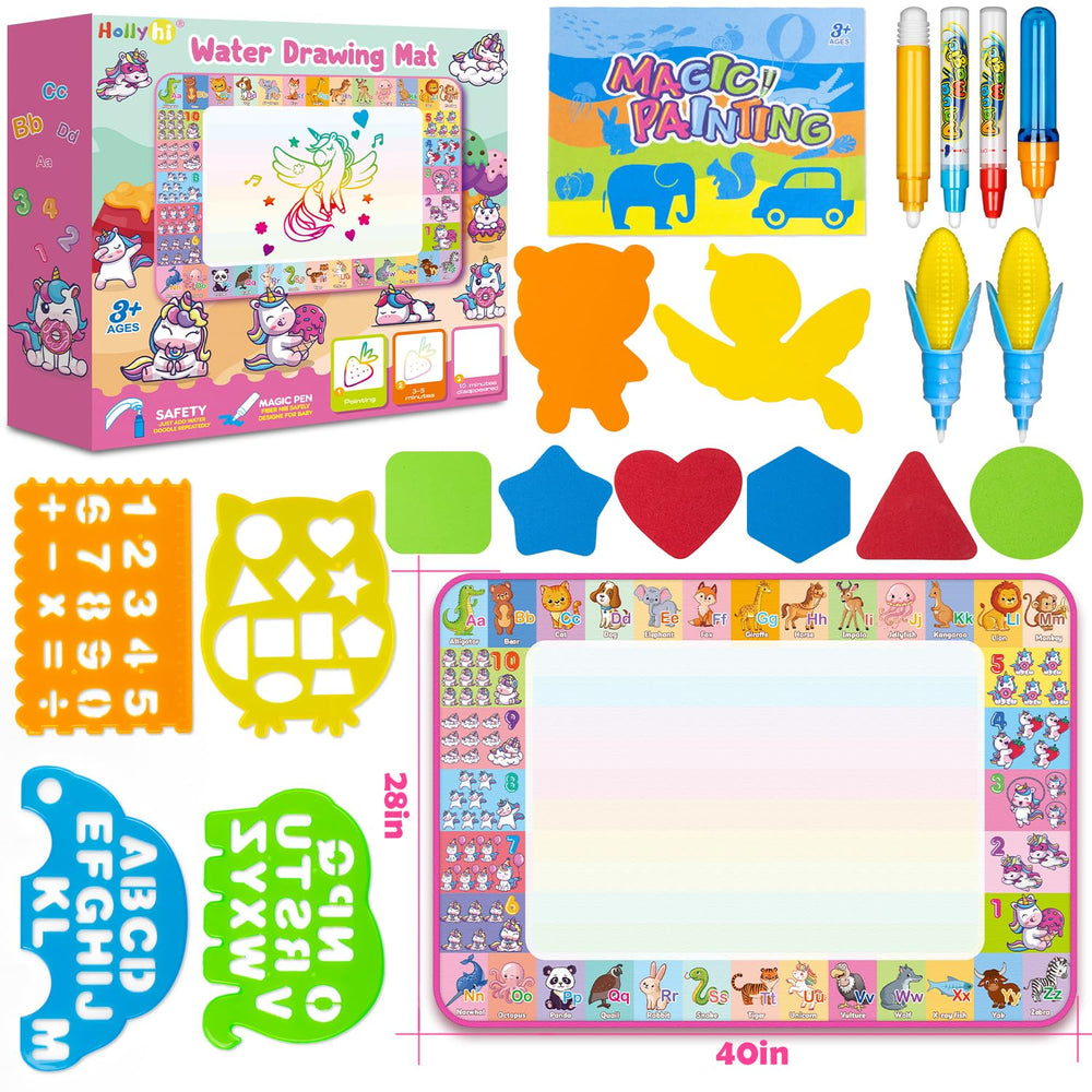Hollyhi mat beside a toy to show 40x28 inch scale for generous drawing space