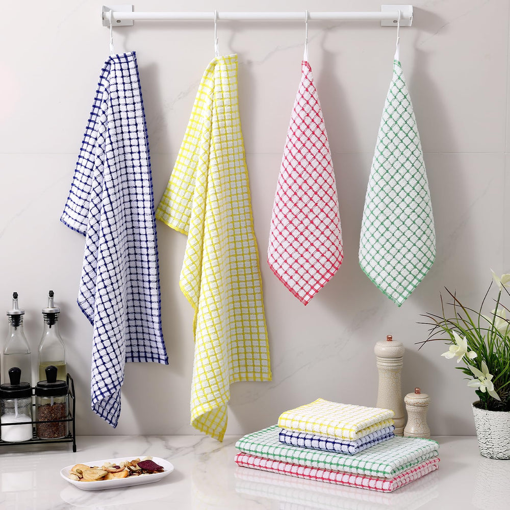 Homaxy folded towels on shelf suggesting organized, colorful kitchen storage