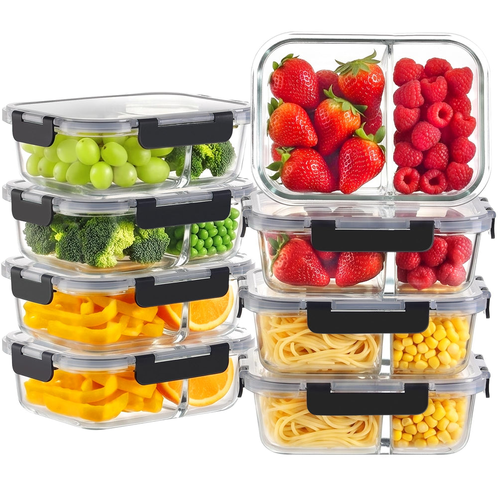 HOMBERKING front view of 8-pack containers showing lids and glass for organized meal prep