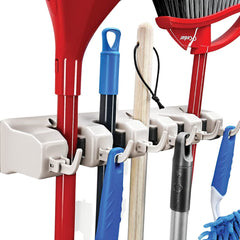 HOME IT front view of mounted broom and mop holder showing neat storage benefit