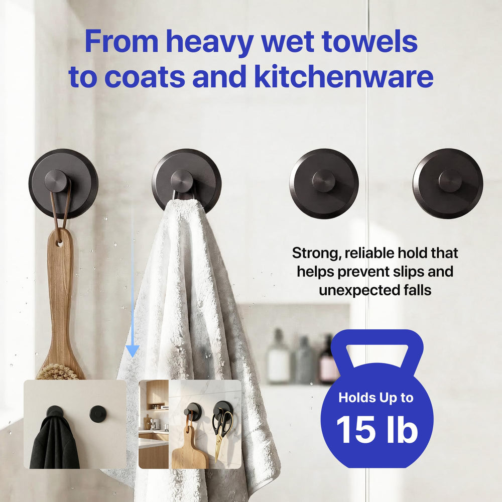 HOME SO suction hook holding towel to show 15 lb capacity and space-saving benefit