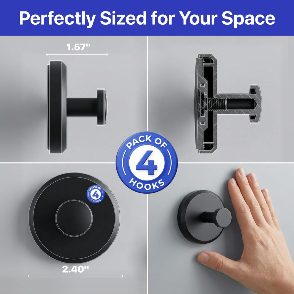HOME SO four hooks arranged in bathroom scene showing tidy organization benefit