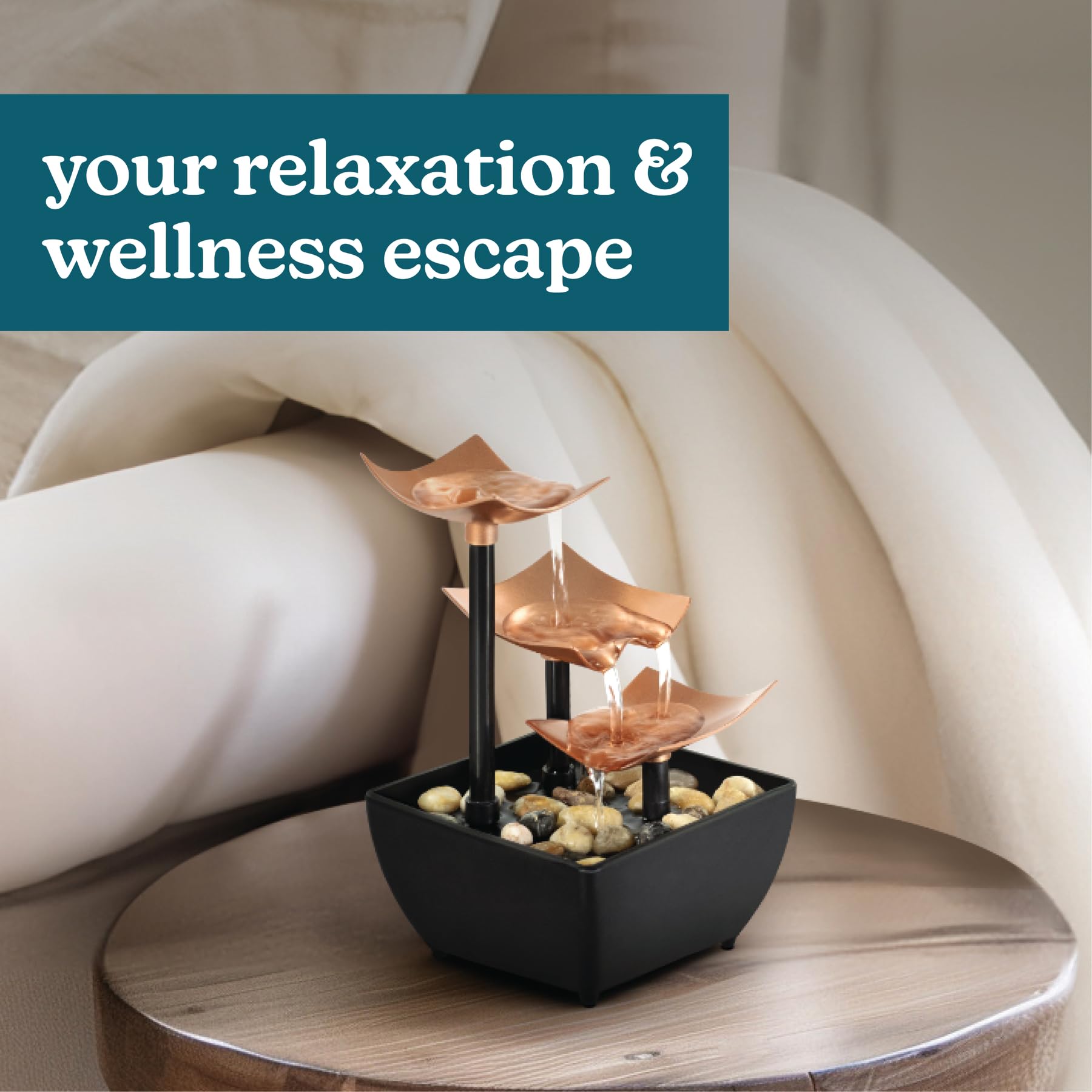 Homedics tabletop side profile highlighting tiered leaf design and balance