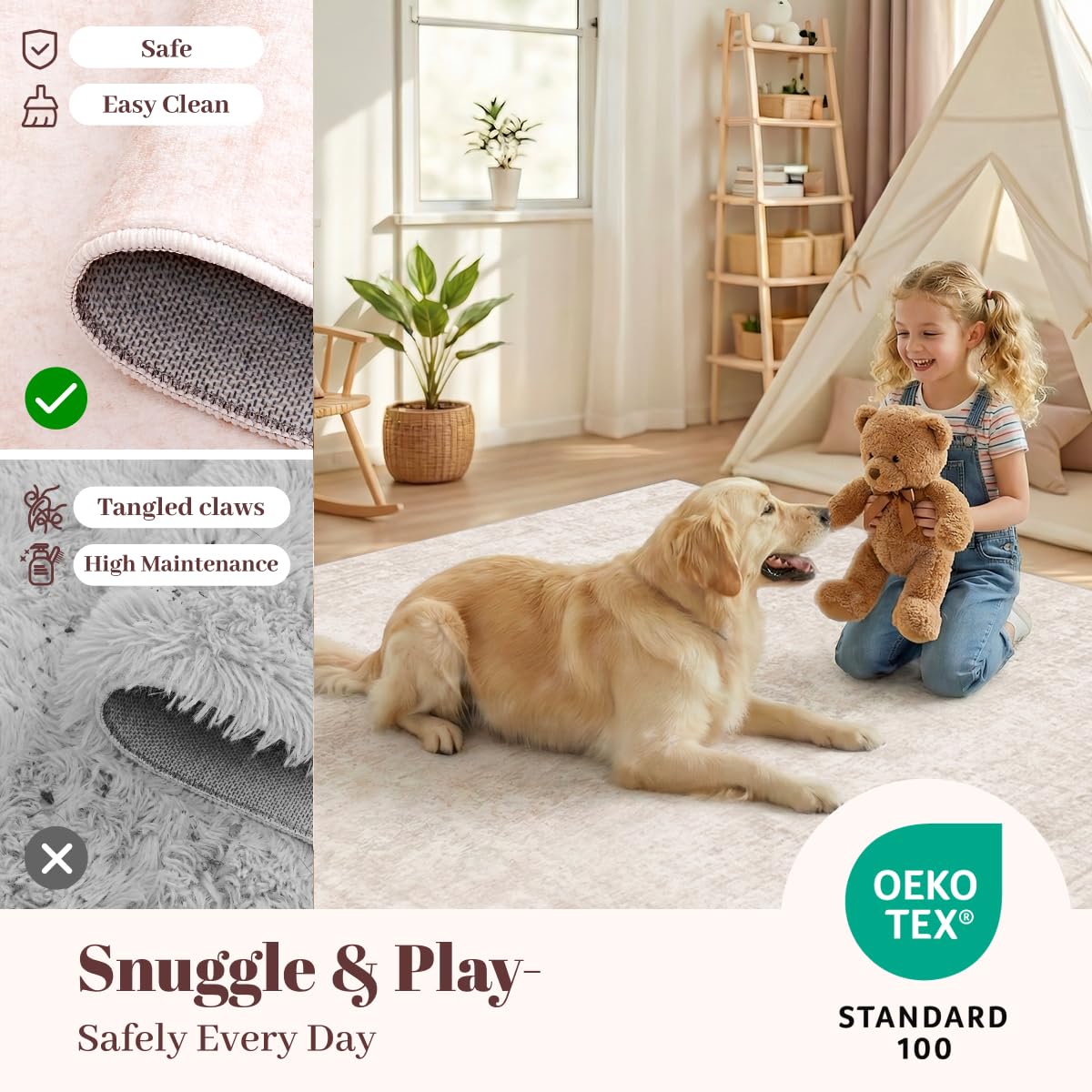 Homemate rug with a dog on it demonstrating pet-friendly, non-snag surface