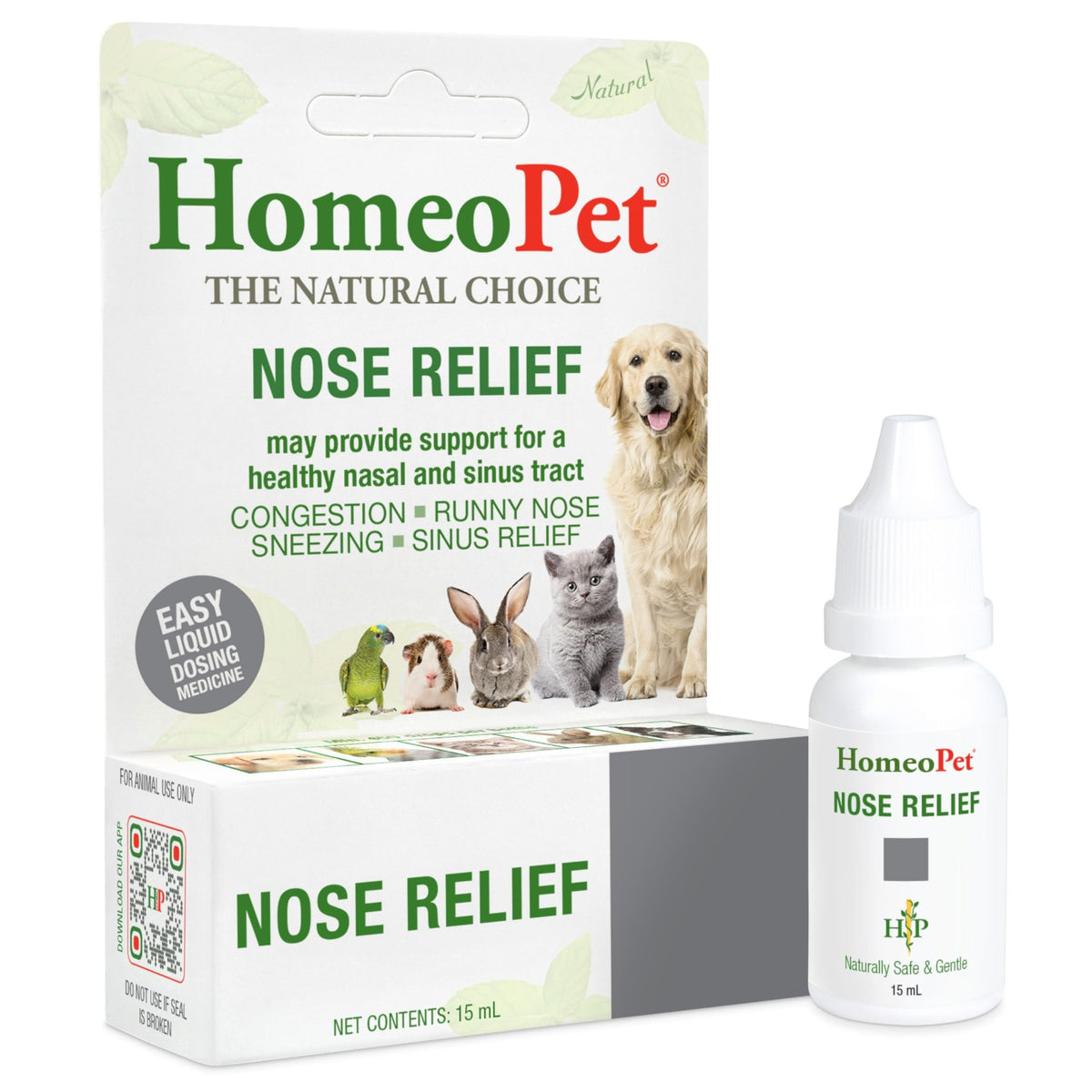 HomeoPet front bottle view showing compact 15 ml sinus relief