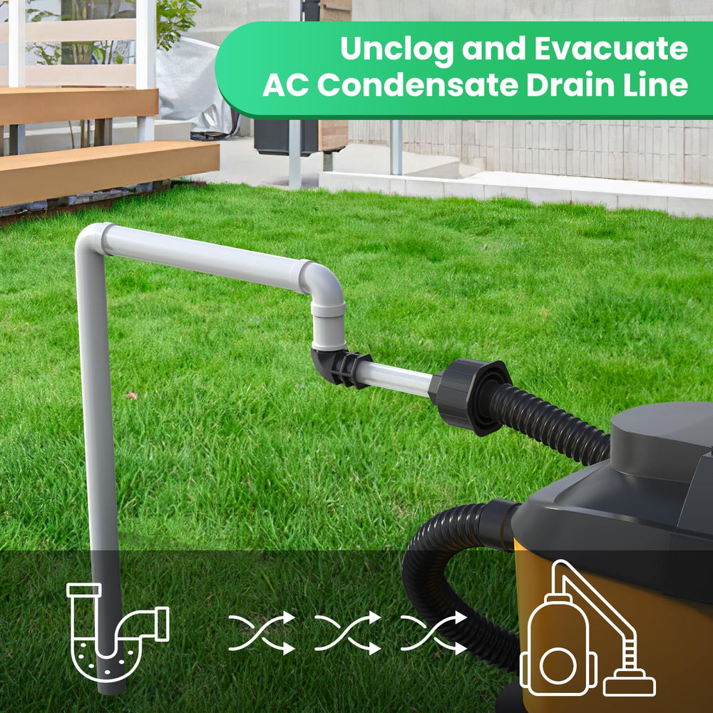Homeslea adapter mounted on a wet vacuum demonstrating quick hookup