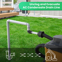Homeslea adapter mounted on a wet vacuum demonstrating quick hookup