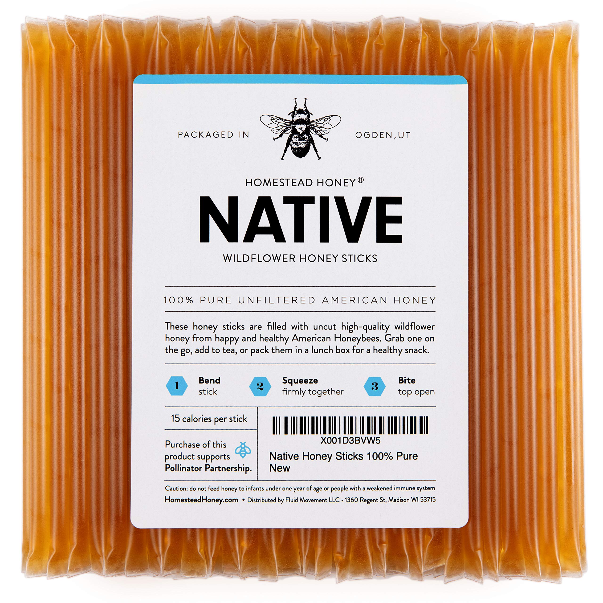 Homestead Honey front packaging showing 100-count convenience and freshness