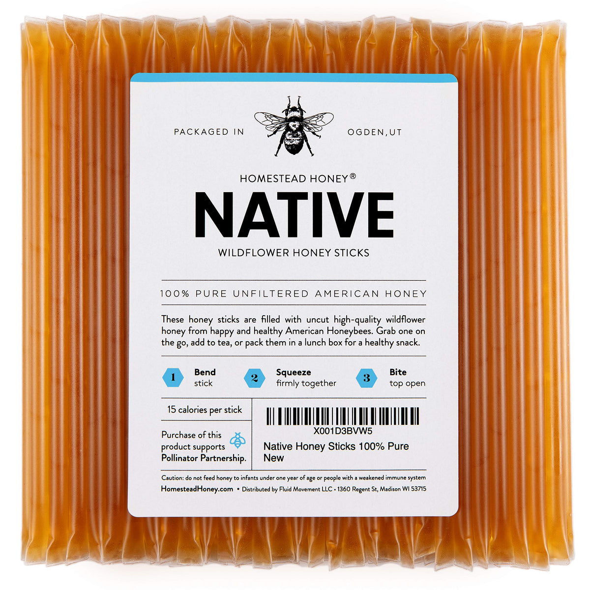 Homestead Honey front packaging showing 100-count convenience and freshness