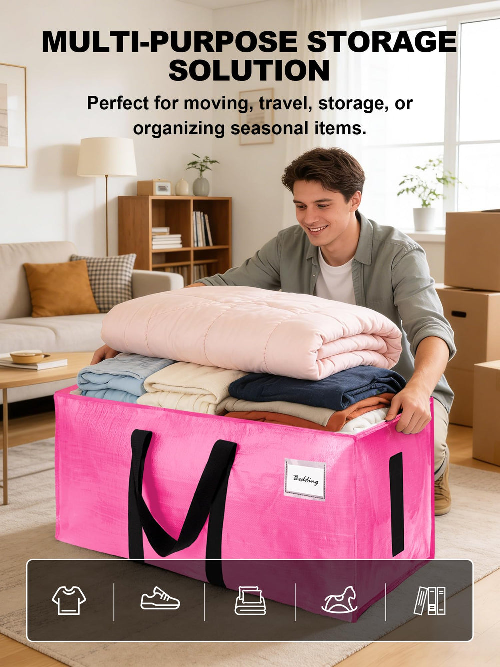HOMESURE tote filled with comforters and pillows illustrating high-volume storage