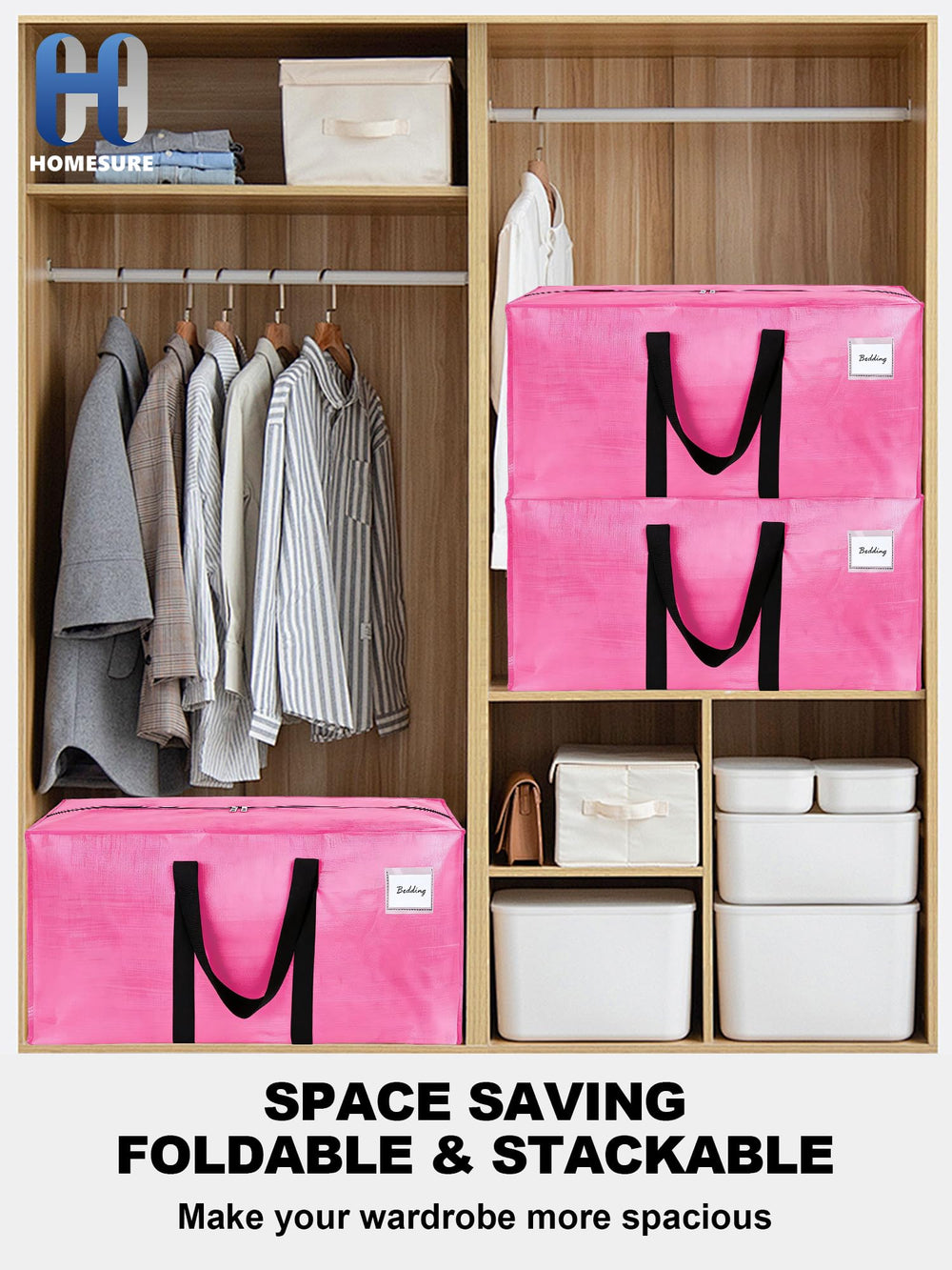 HOMESURE bags folded flat stacked in a closet illustrating compact storage benefit