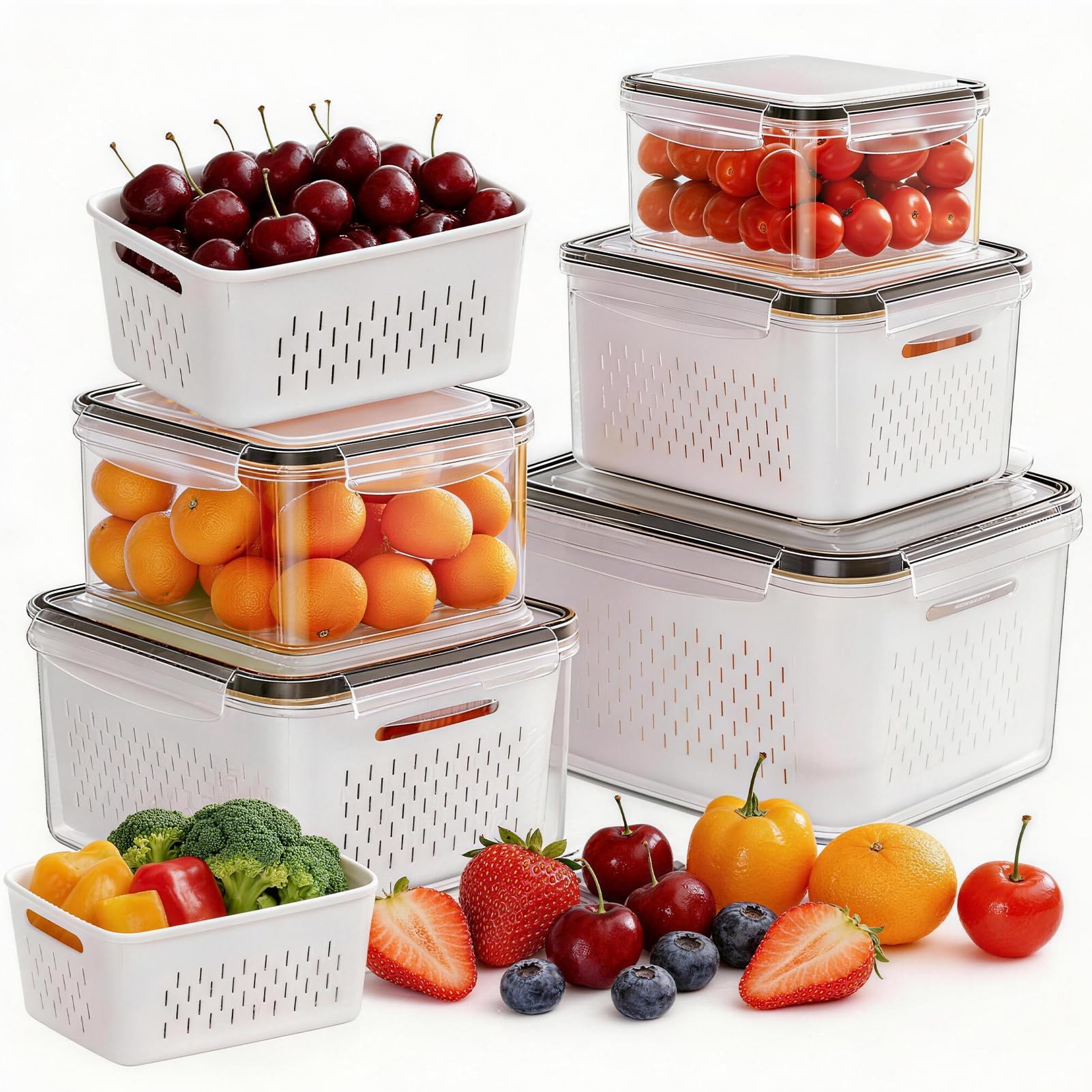 HOMETALL front view of 5 pack fruit container set showing sizes and clear benefits