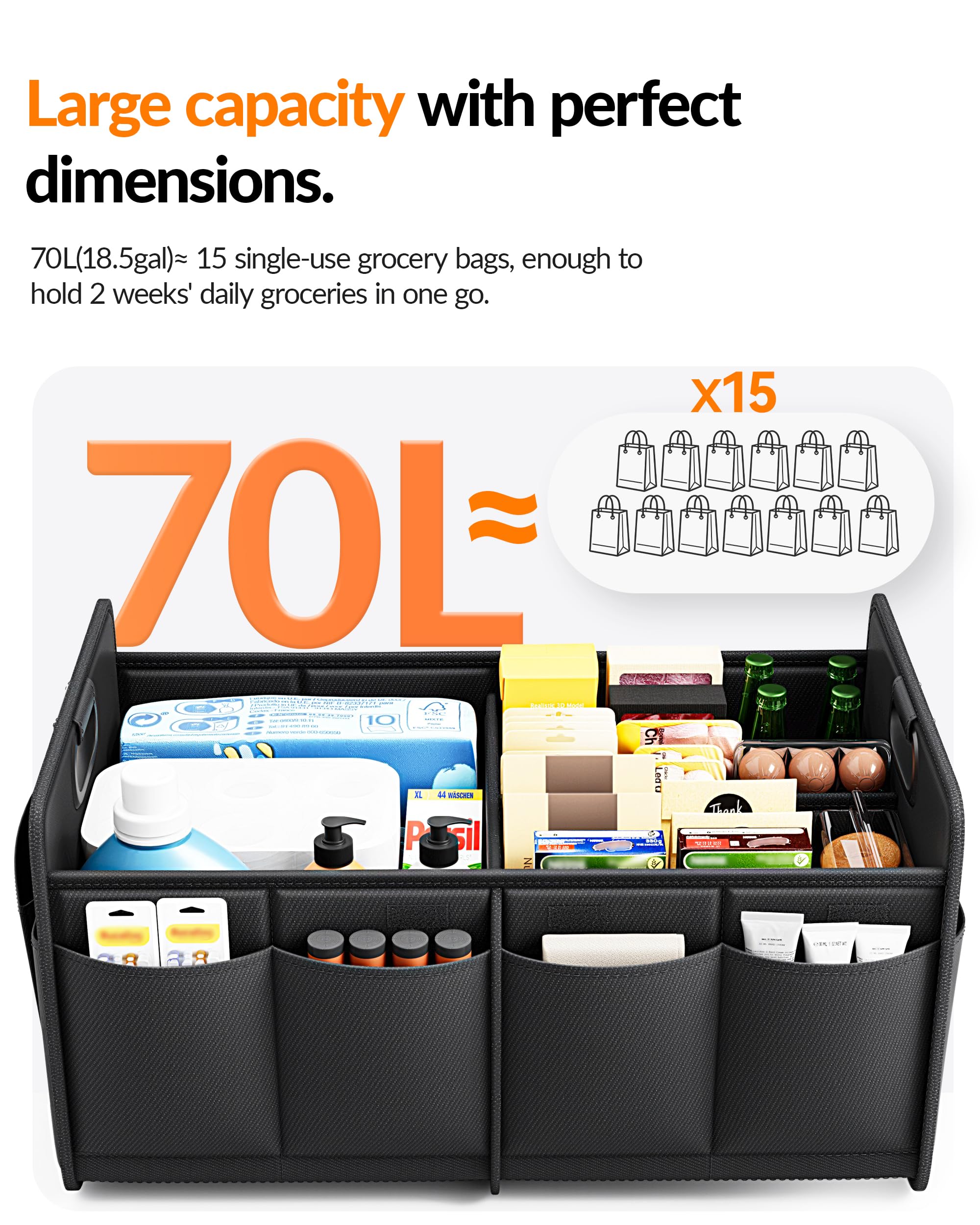 Homeve organizer in trunk with groceries showing secure storage