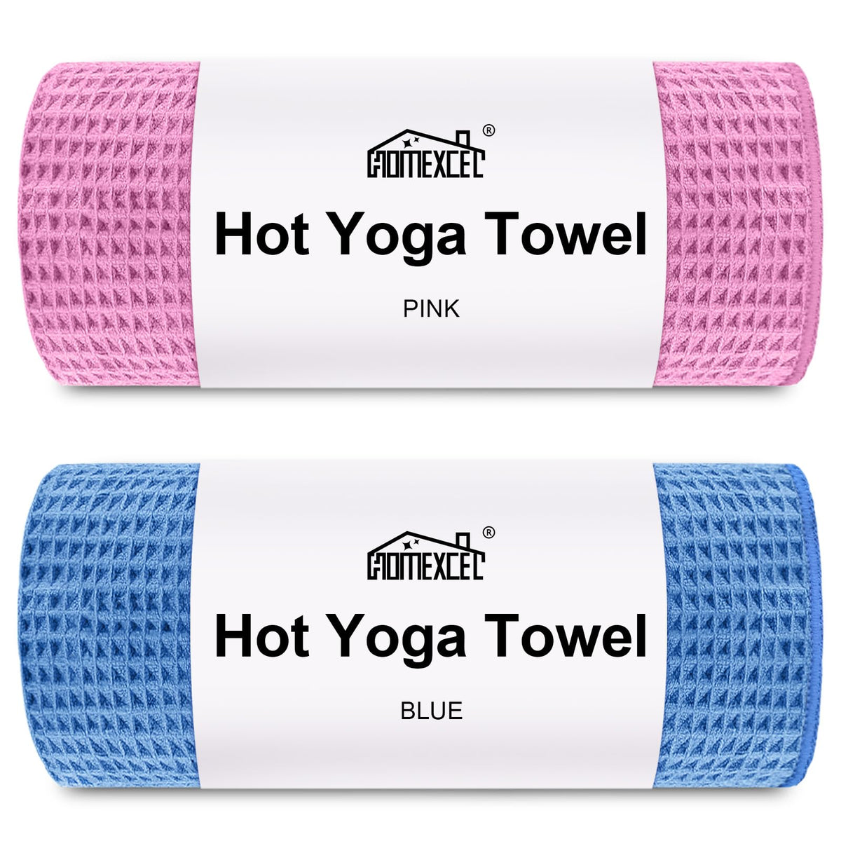 HOMEXCEL front view of two-pack towels showing compact packaging and portability