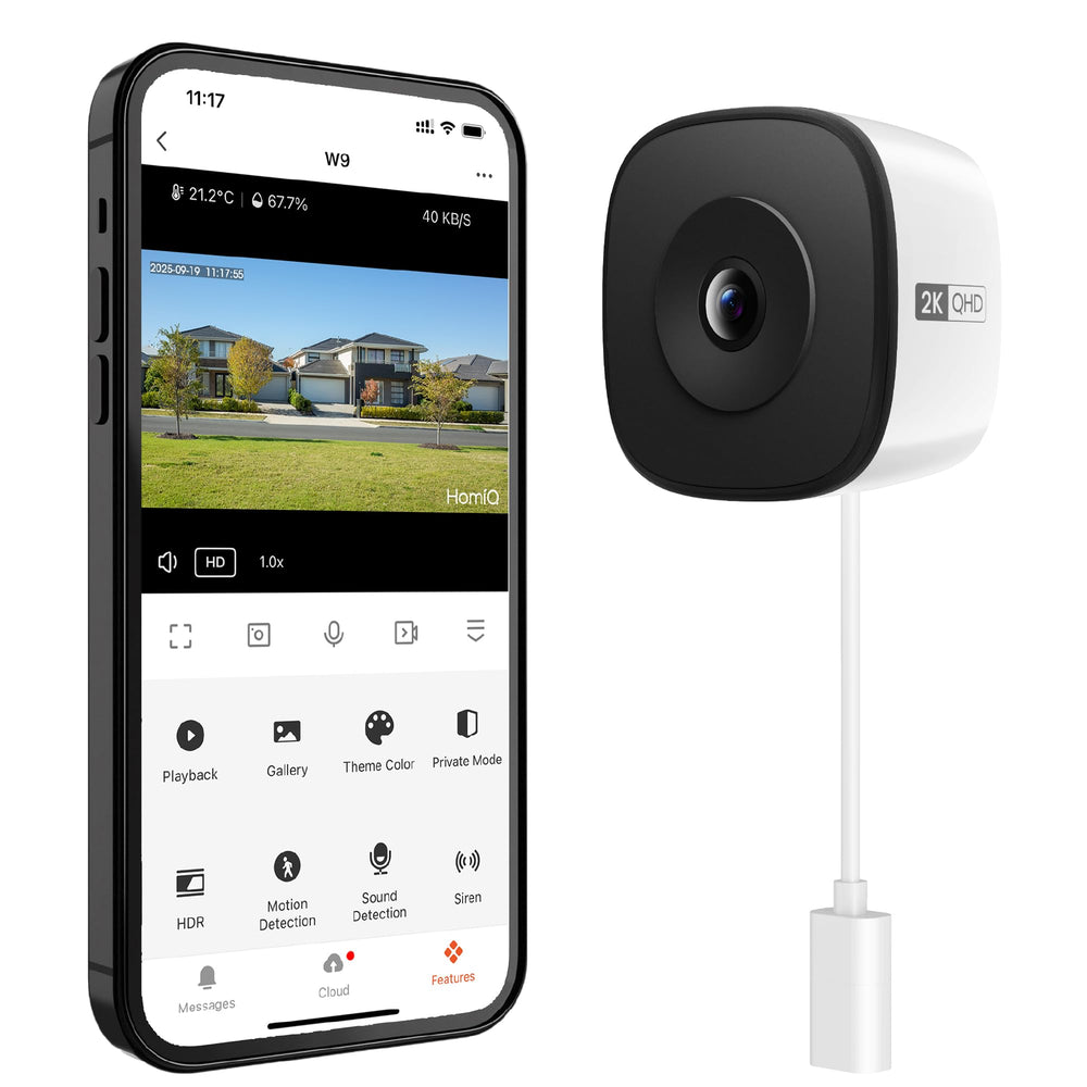 HOMIQ LIFE front view of compact 3MP camera showing sleek housing and lens, clear image quality