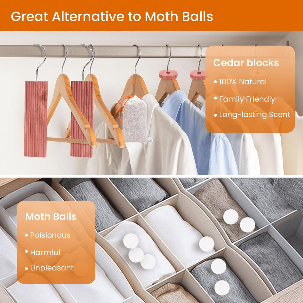 Homode hang-ups in closet on hangers releasing cedar scent to garments