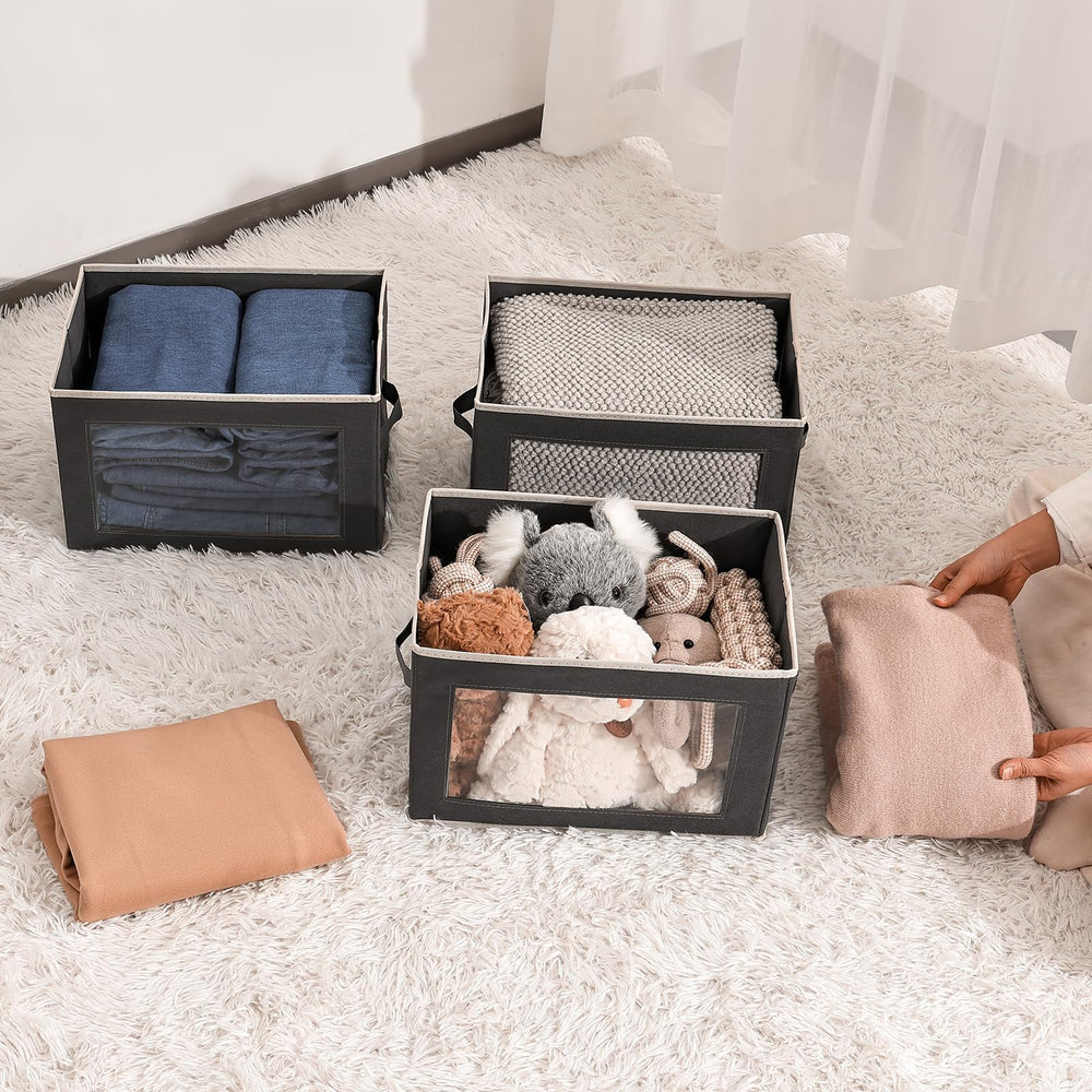 Homsorout bins stacked on a shelf demonstrating space-saving organization benefit