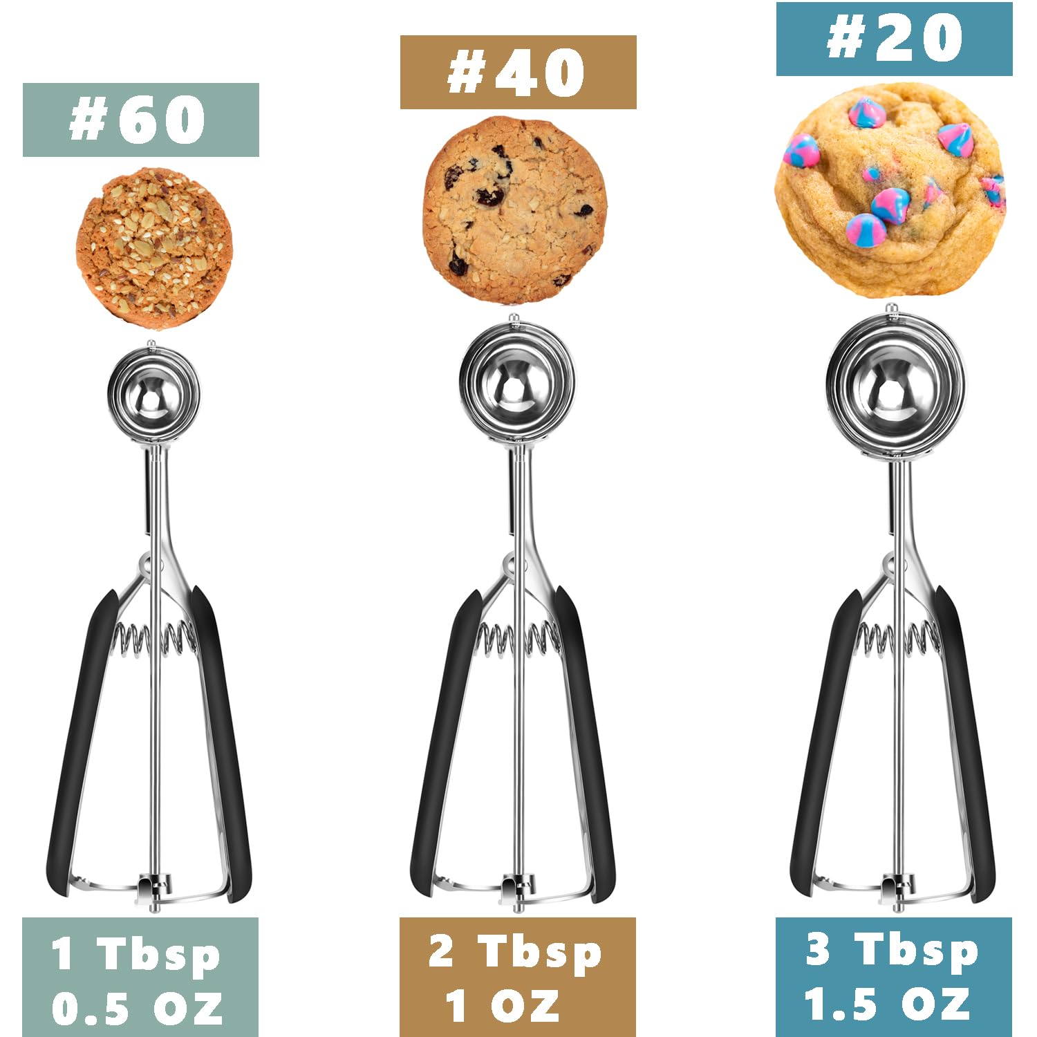 HOMURE H three scoop sizes side by side demonstrating consistent portion control and scale