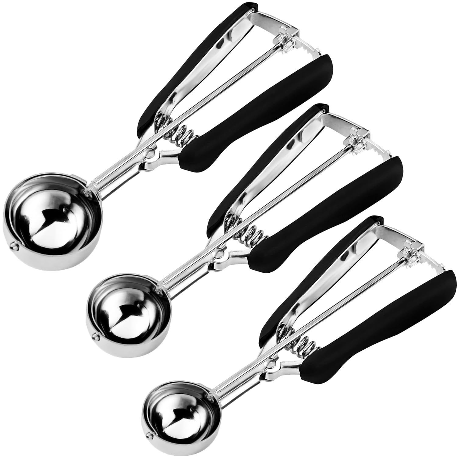 HOMURE H front view of three scoops showing sizes and stainless steel finish for reliable portioning