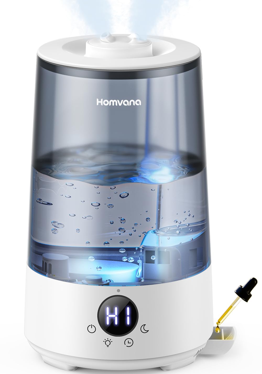 Homvana front view grey showing compact humidifier and controls for quiet comfort