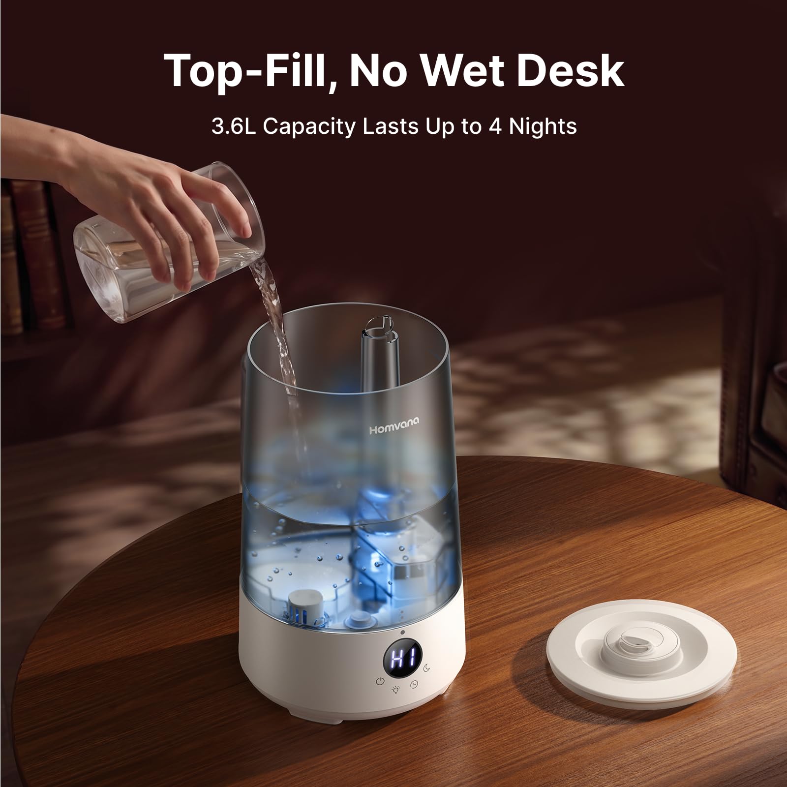Homvana placed on nightstand in bedroom showing quiet operation for sleep