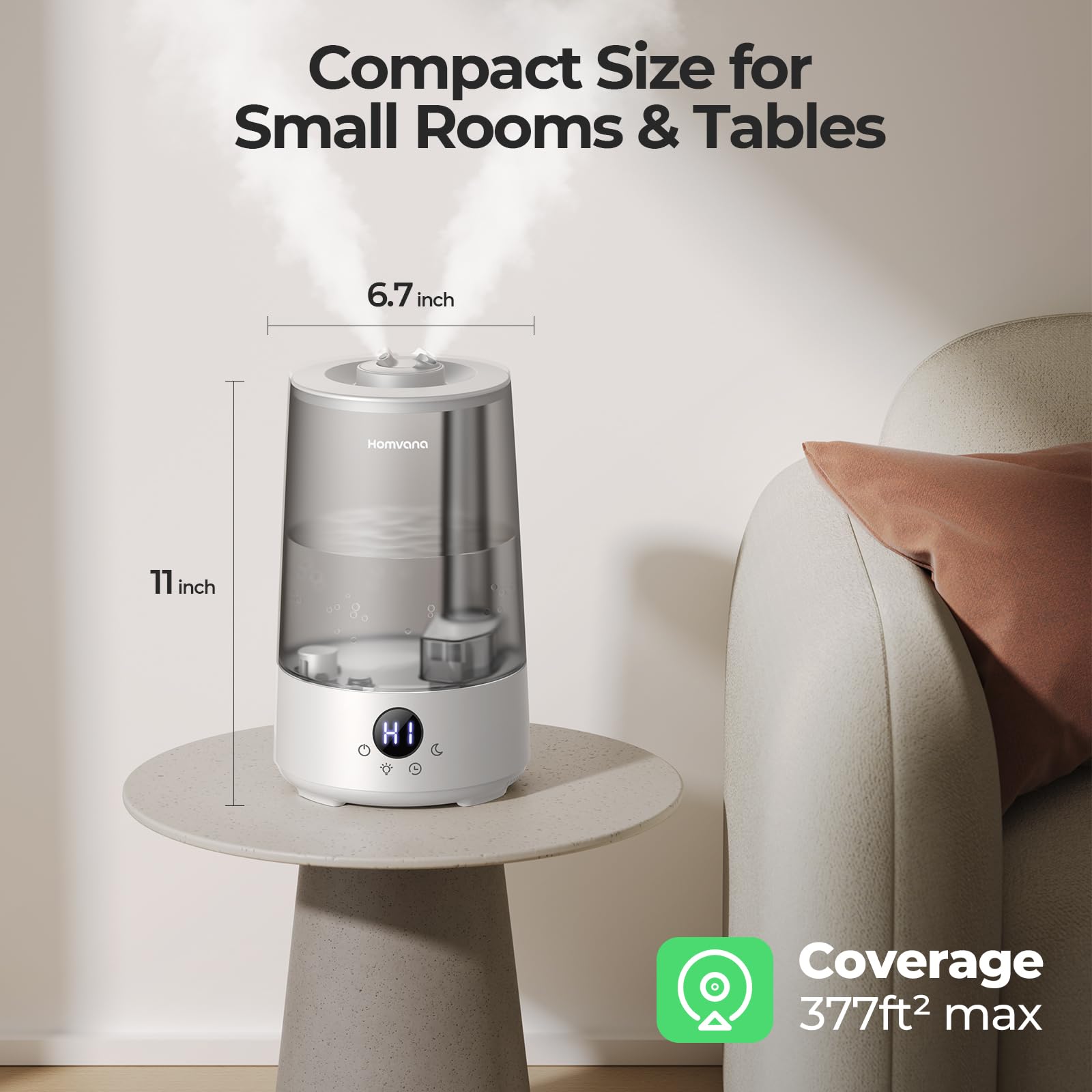 Homvana mist output side profile showing steady cool mist for balanced humidity