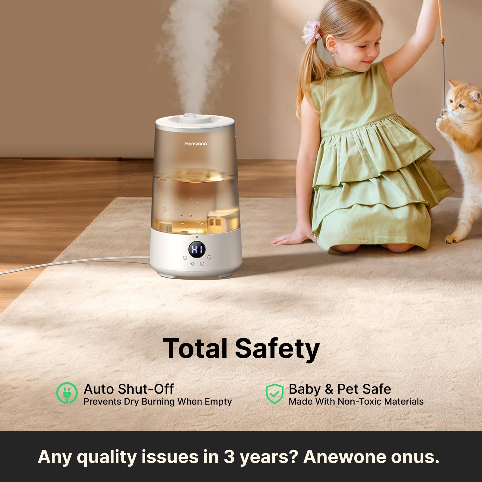 Homvana detached water tank image highlighting easy cleaning and refill simplicity