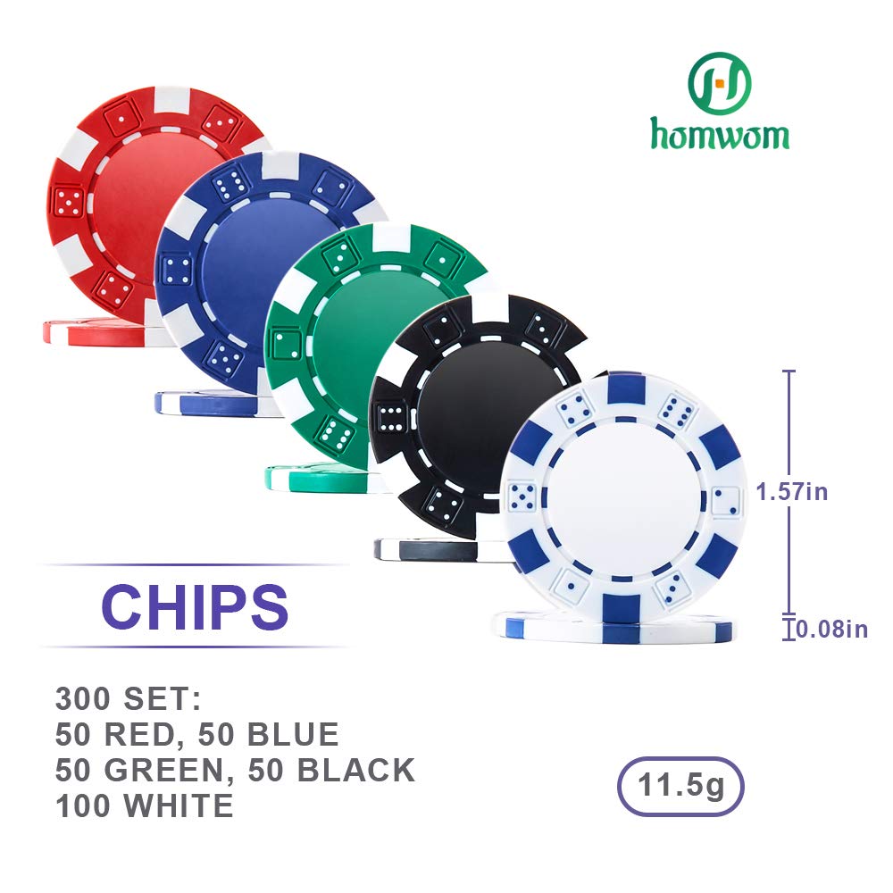 Homwom stacked chips showing 11.5g weight and clear denomination contrast