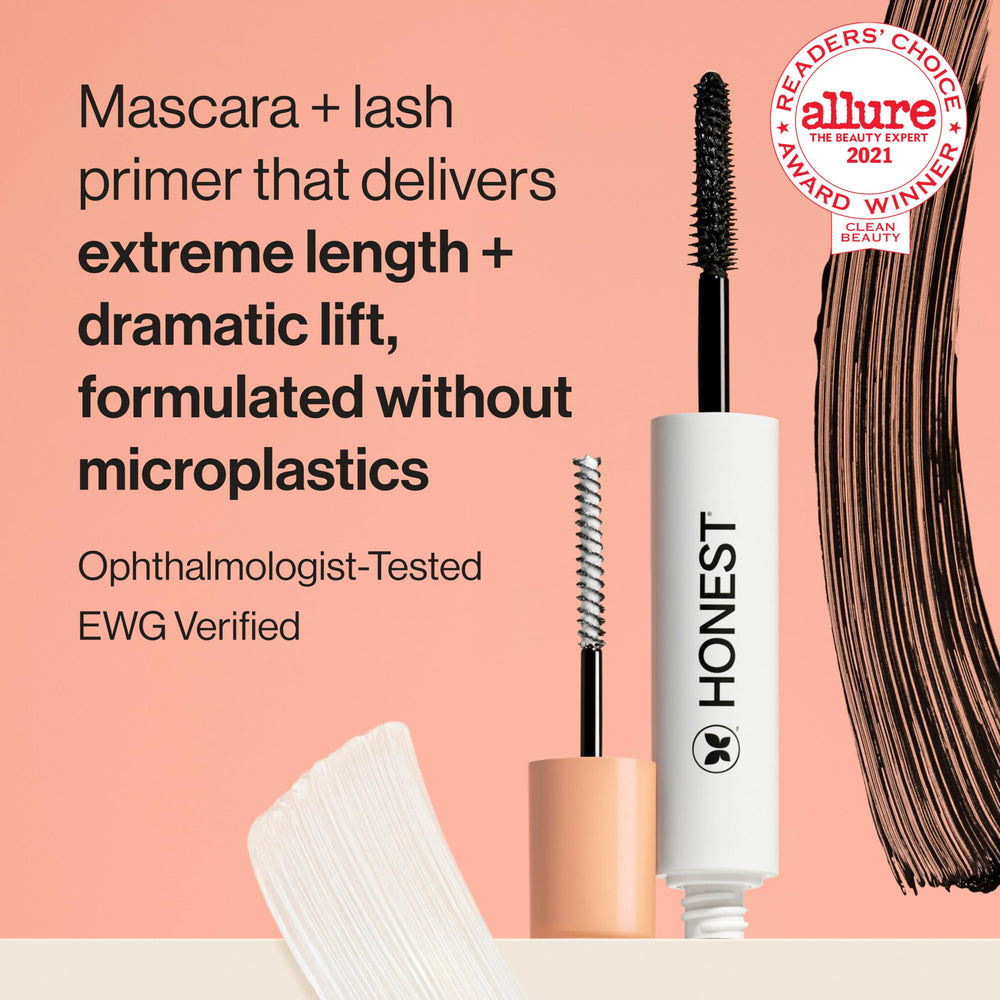 Honest Beauty double-ended tube open to reveal separate primer and mascara ends for convenience