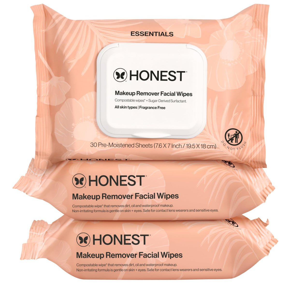 Honest Beauty front packaging of 90-count wipes shows convenience and fragrance-free benefit