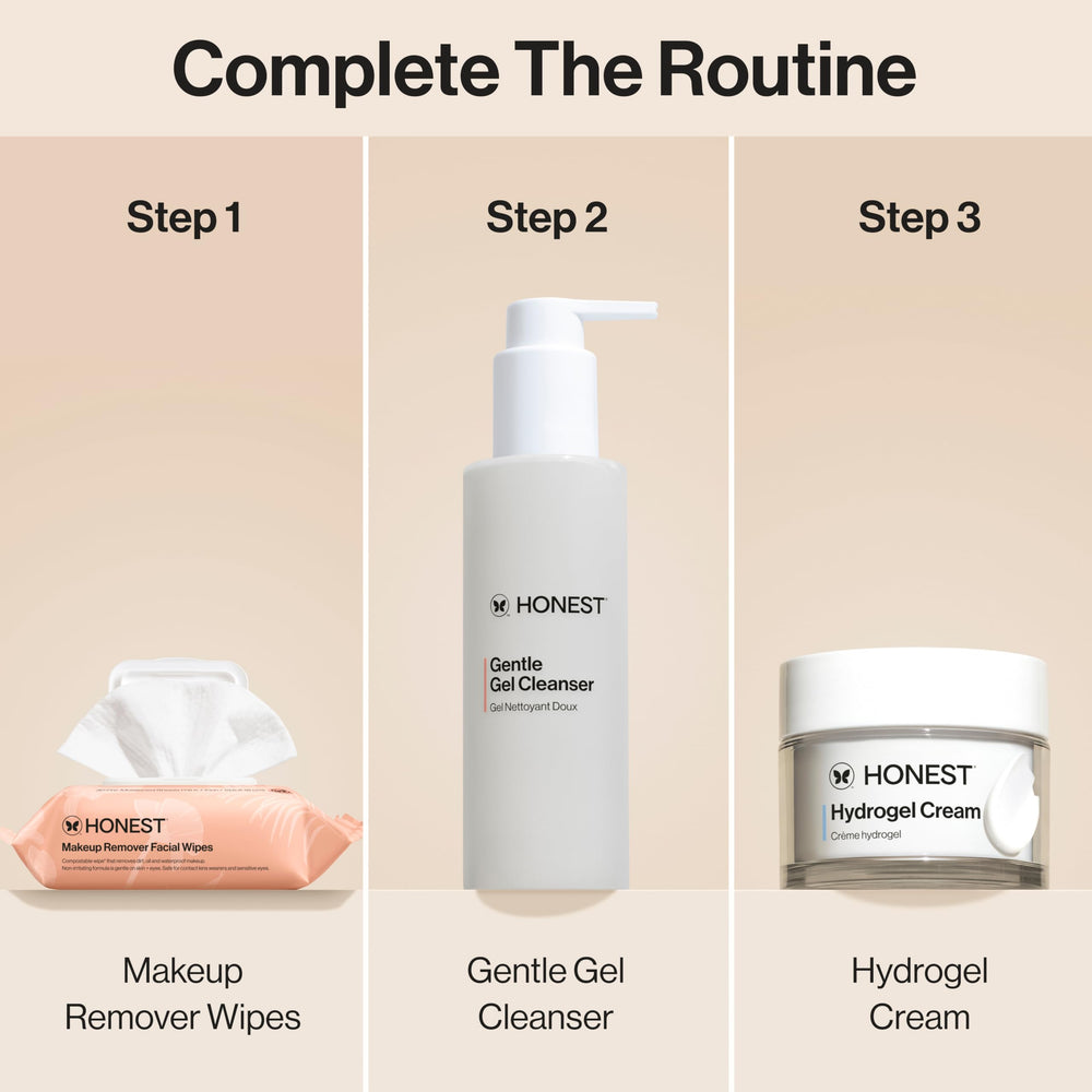 Honest Beauty wipes on bathroom counter in travel kit suggests easy on-the-go cleansing