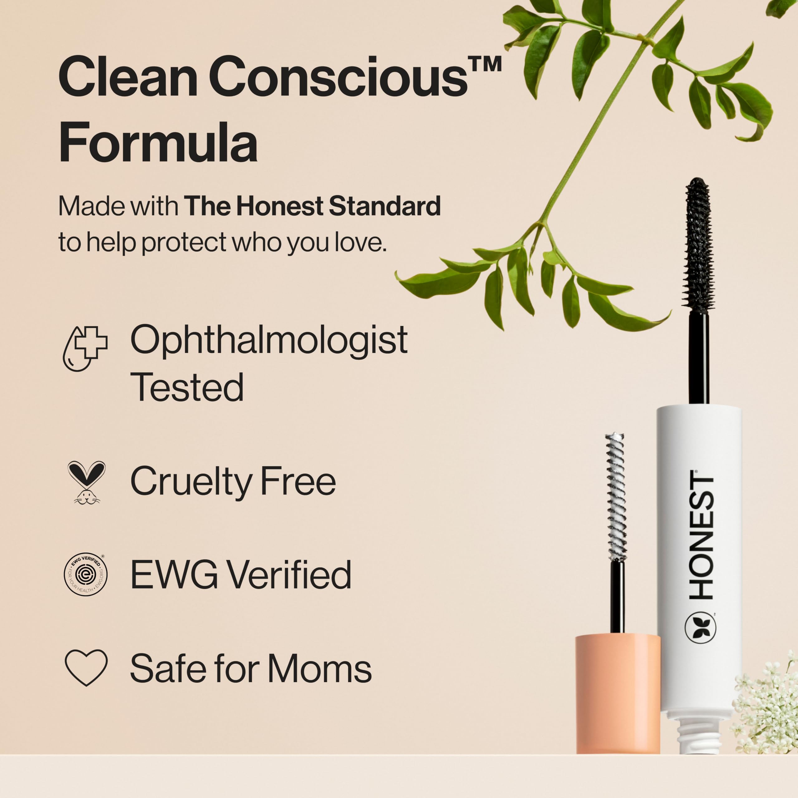 Honest Beauty mascara swiped on lashes showing long, lifted effect for dramatic length