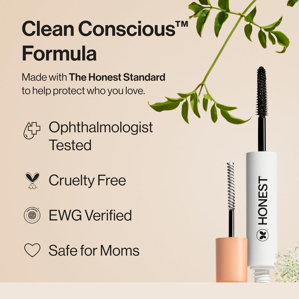Honest Beauty mascara swiped on lashes showing long, lifted effect for dramatic length