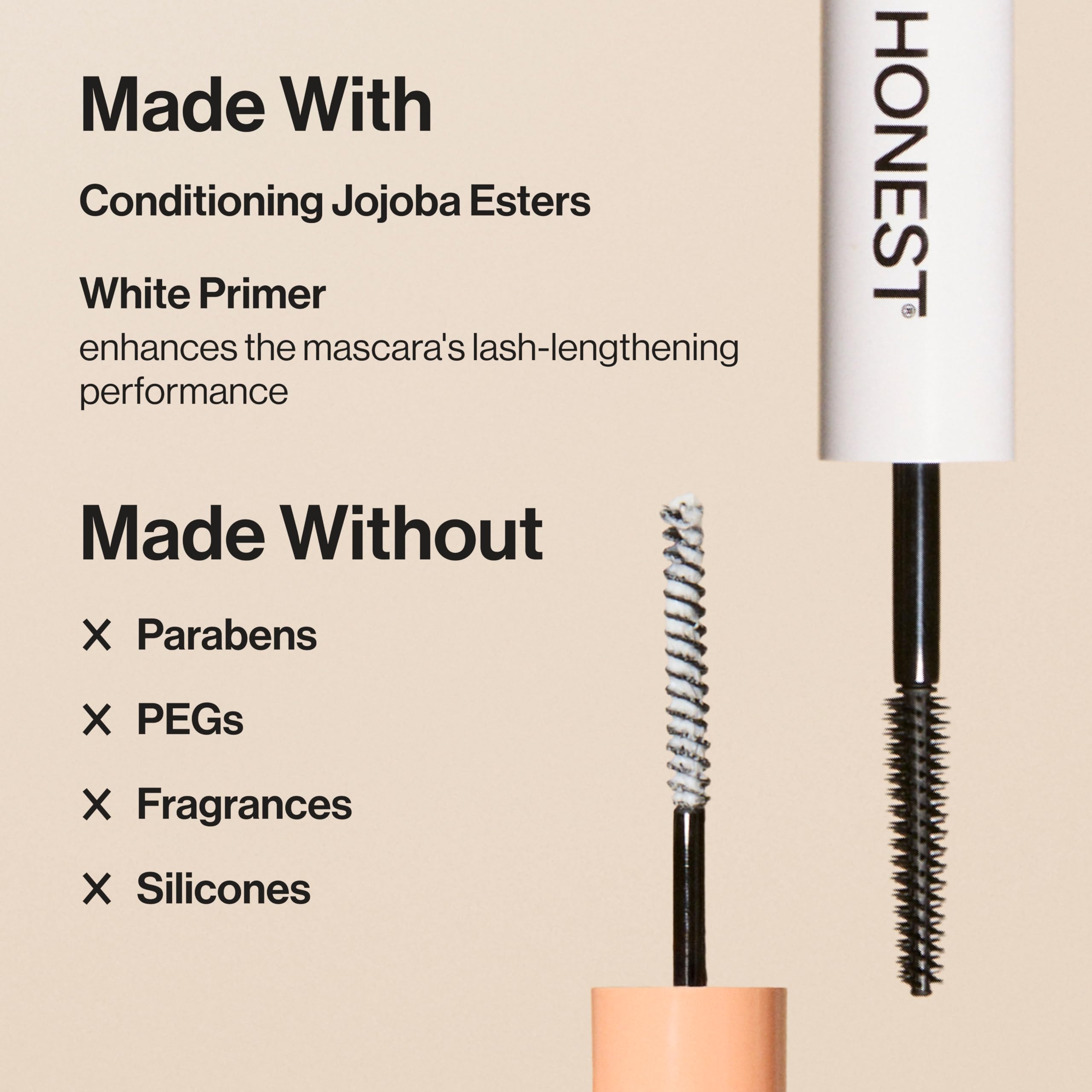 Honest Beauty mascara wand bristles close-up, molded bristles separate and define lashes