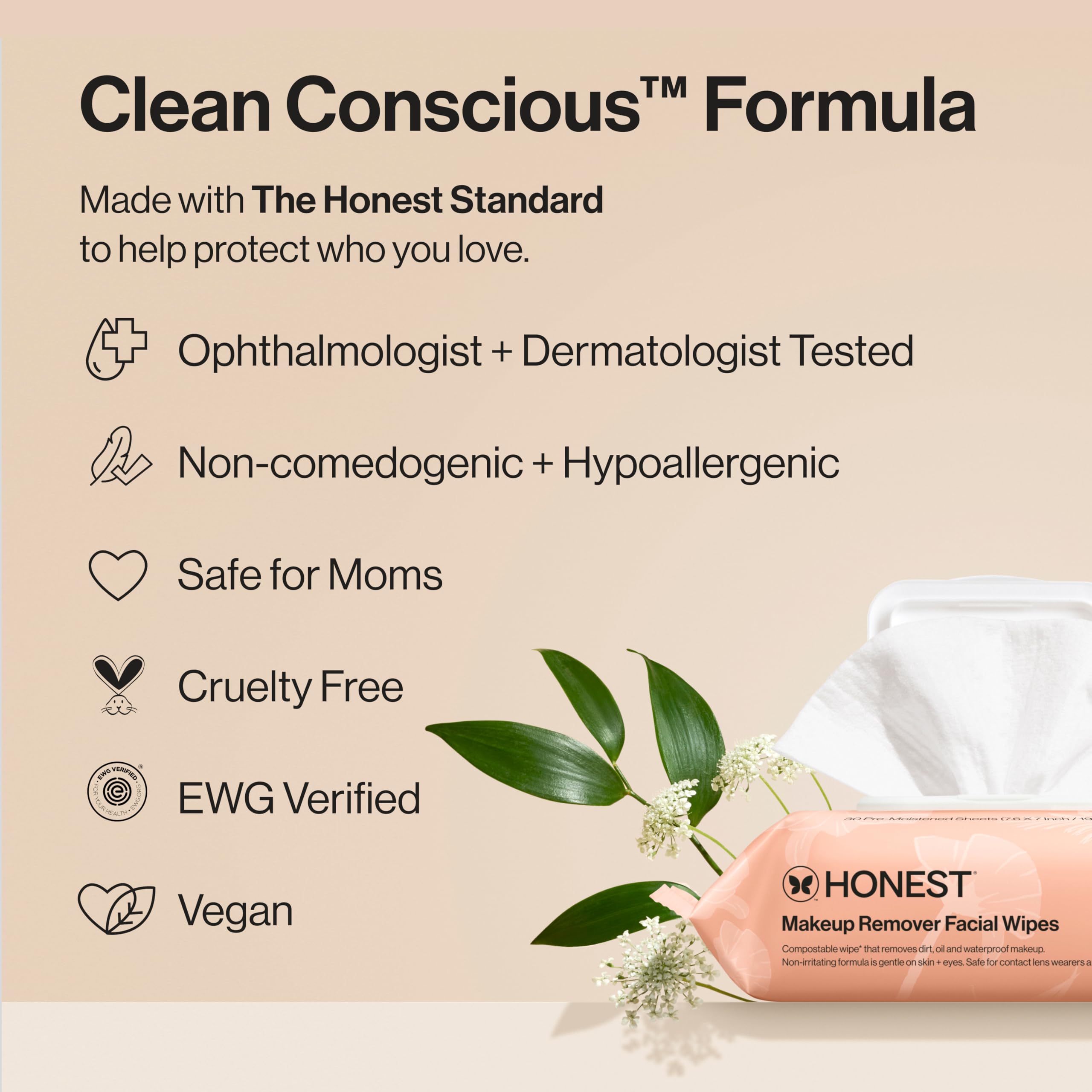 Honest Beauty wipe next to hand for scale conveys the size and coverage per cloth