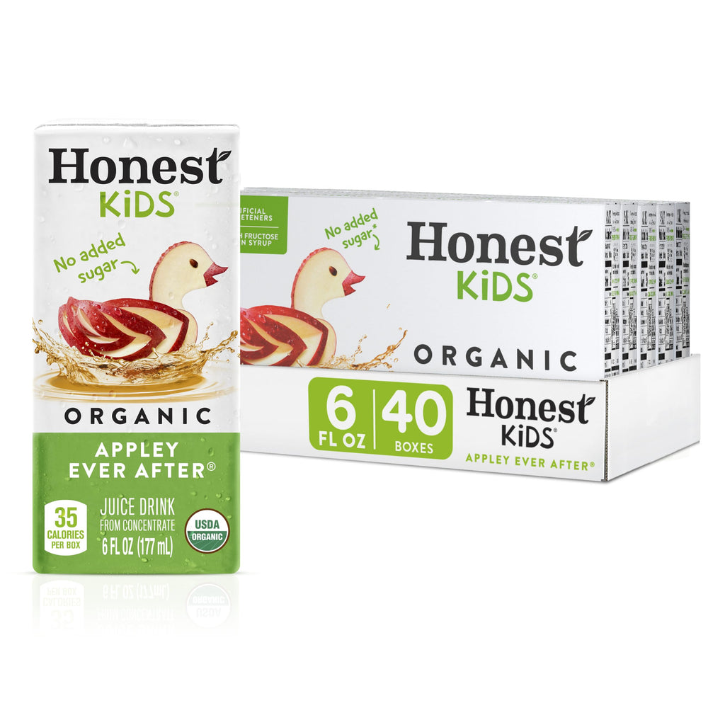 Honest Kids front box showing appley flavor and organic badge, clear ingredient benefit