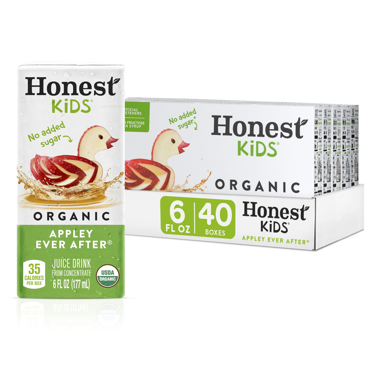 Honest Kids front box showing appley flavor and organic badge, clear ingredient benefit