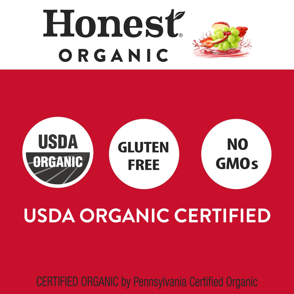 Close-up of Honest Kids carton texture and colorful fruit graphics, easy-to-grip