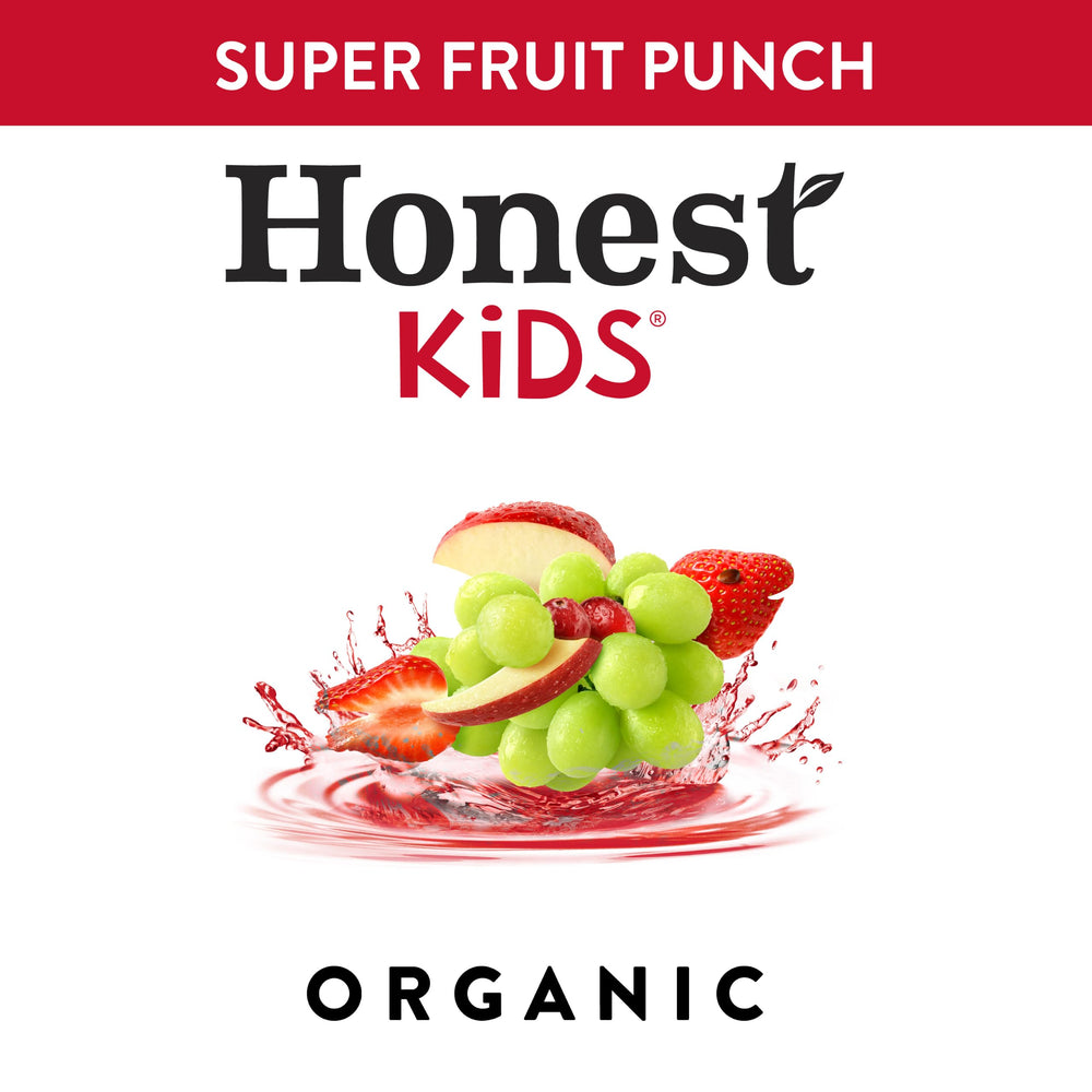 Pouring Honest Kids Super Fruit Punch into cup showing vivid fruit color