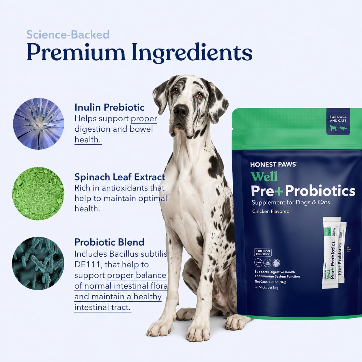 Honest Paws close-up powder texture, fine blend for even food coverage