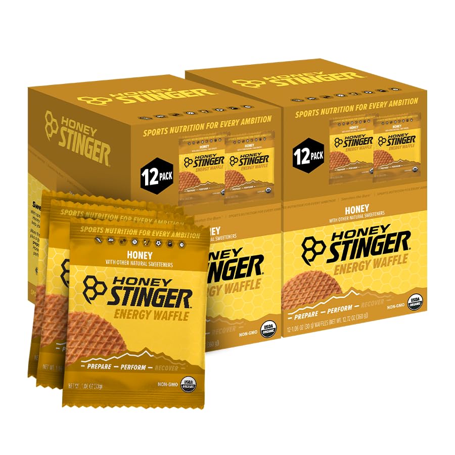 Honey Stinger box front showing pack of 24 waffles and organic labeling for quick fuel