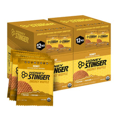 Honey Stinger box front showing pack of 24 waffles and organic labeling for quick fuel