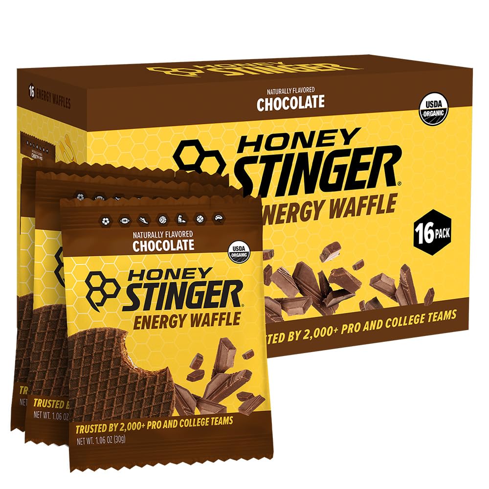 Honey Stinger front packaging showing organic chocolate waffles and energy benefit
